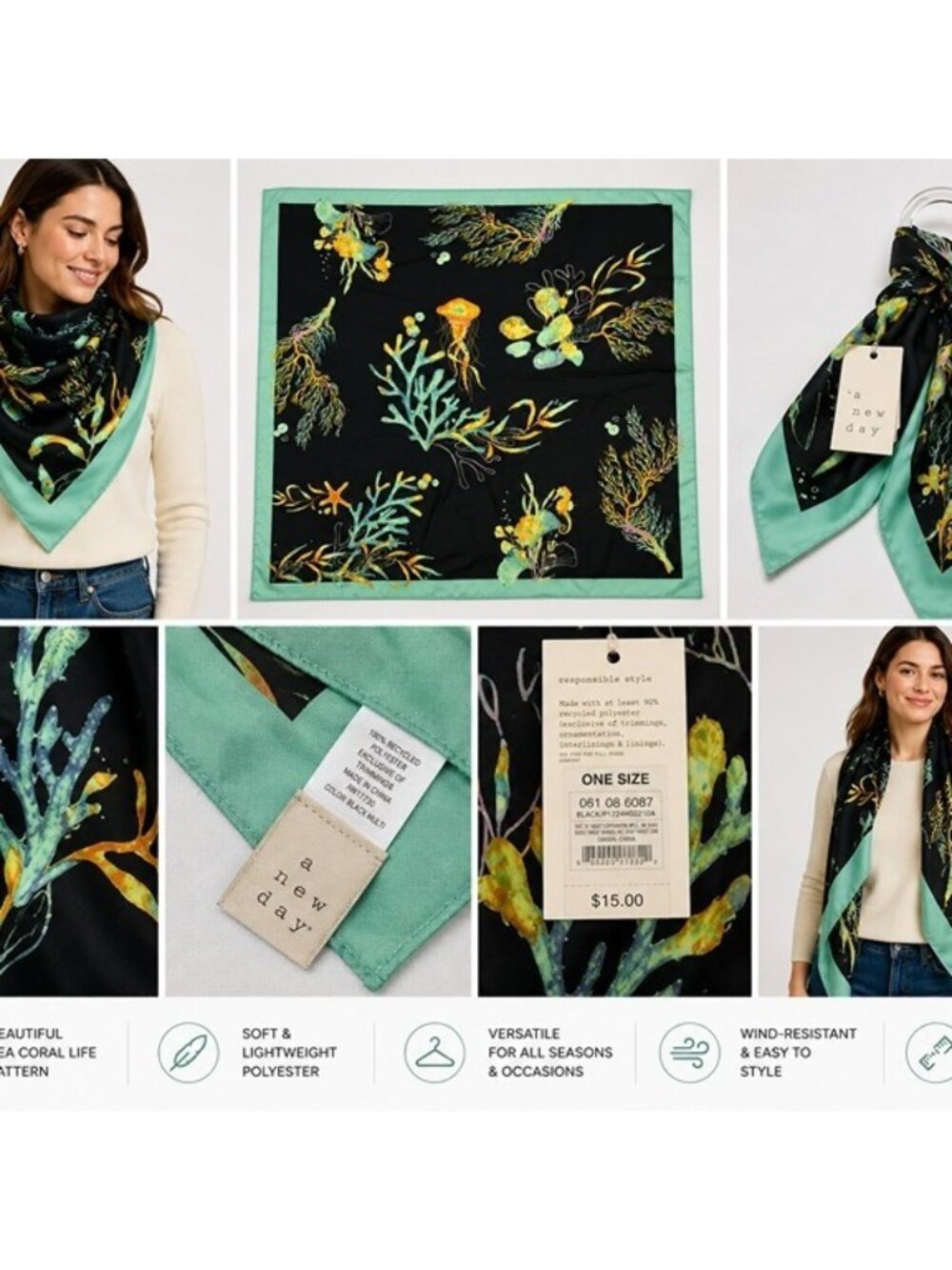 A New Day Women’s Sea Life Coral Square Scarf Black Aqua 44” NWT One Size